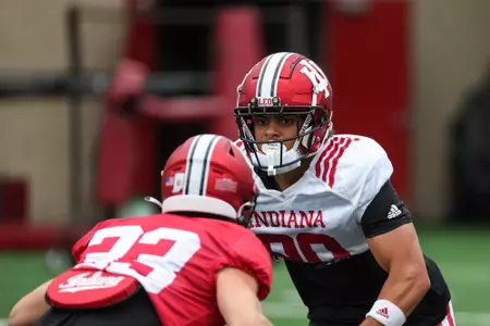 BLOOMINGTON, IN - August 17, 2023 - wide receiver Derrick Bohler #80 of the Indiana Hoosiers during Fall Camp Day 12 at Memorial Stadium in Bloomington, IN. Photo By Dalton Wainscott/Indiana Athletics