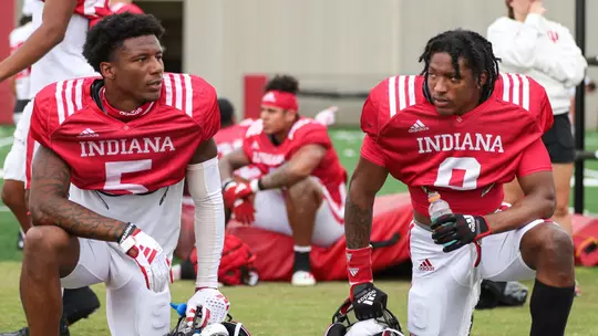 BLOOMINGTON, IN - August 17, 2023 - defensive back Kobe Minor #5 and defensive back Jamier Johnson #9 of the Indiana Hoosiers during Fall Camp Day 12 at Memorial Stadium in Bloomington, IN. Photo By Dalton Wainscott/Indiana Athletics