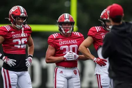 BLOOMINGTON, IN - August 17, 2023 - defensive back Mitchell Evans #30 of the Indiana Hoosiers during fall camp day 12 at Memorial Stadium in Bloomington, IN. Photo By Grace Waggoner/Indiana Athletics