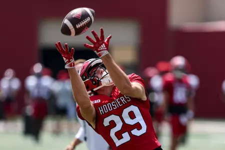 BLOOMINGTON, IN - August 19, 2023 - wide receiver Reece Bellin  #30 of the Indiana Hoosiers during Fall Camp at John Mellencamp Pavillion in Bloomington, IN. Photo By Andrew Mascharka/Indiana Athletics