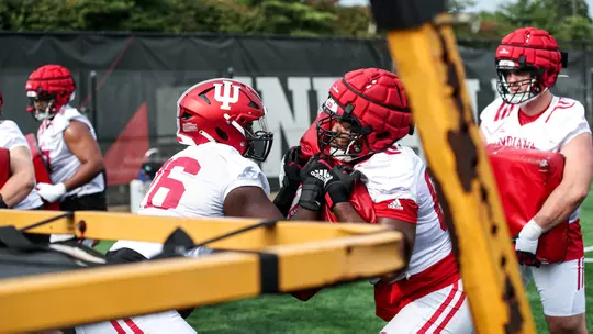 BLOOMINGTON, IN - August 02, 2023 - offensive lineman Matthew Bedford #76 of the Indiana Hoosiers during Fall Camp at John Mellencamp Pavillion in Bloomington, IN. Photo By Lauren Mervar/Indiana Athletics