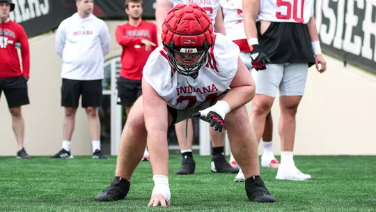BLOOMINGTON, IN - August 02, 2023 - offensive lineman Bray Lynch #74 of the Indiana Hoosiers during Fall Camp at John Mellencamp Pavillion in Bloomington, IN. Photo By Lauren Mervar/Indiana Athletics