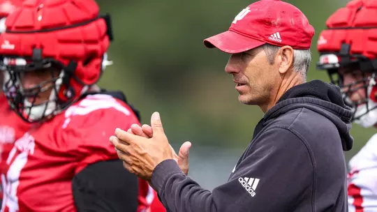 BLOOMINGTON, IN - August 02, 2023 - Indiana Hoosiers Run Game Coordinator and Offensive Line Coach Bob Bostad during Fall Camp at John Mellencamp Pavillion in Bloomington, IN. Photo By Andrew Mascharka/Indiana Athletics