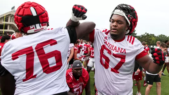 BLOOMINGTON, IN - August 02, 2023 - offensive lineman Kahlil Benson #67 of the Indiana Hoosiers during Fall Camp at John Mellencamp Pavillion in Bloomington, IN. Photo By Andrew Mascharka/Indiana Athletics
