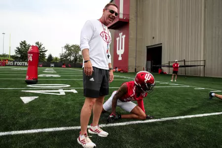 BLOOMINGTON, IN - August 02, 2023 - Indiana Hoosiers Tight Ends Coach Kevin Wright during Fall Camp at John Mellencamp Pavillion in Bloomington, IN. Photo By Andrew Mascharka/Indiana Athletics