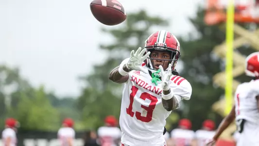 BLOOMINGTON, IN - August 07, 2023 - wide receiver Kamryn Perry #13 of the Indiana Hoosiers during Fall Camp at John Mellencamp Pavillion in Bloomington, IN. Photo By Andrew Mascharka/Indiana Athletics