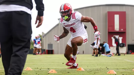 BLOOMINGTON, IN - August 07, 2023 - wide receiver DeQuece Carter #4 of the Indiana Hoosiers during Fall Camp at John Mellencamp Pavillion in Bloomington, IN. Photo By Andrew Mascharka/Indiana Athletics