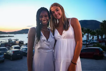 BLOOMINGTON, IN - August 09, 2023 - guard Chloe Moore-McNeil #22 of the Indiana Hoosiers, forward Lilly Meister #52 of the Indiana Hoosiers at Kyma Restaurant in Anavyssos, Greece. Photo By Rachel Gillam/Indiana Athletics