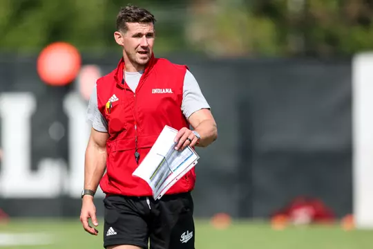 BLOOMINGTON, IN - August 03, 2023 - Indiana Hoosiers Offensive Coordinator and Quarterbacks Coach Walt Bell during Fall Camp at John Mellencamp Pavillion in Bloomington, IN. Photo By Andrew Mascharka/Indiana Athletics
