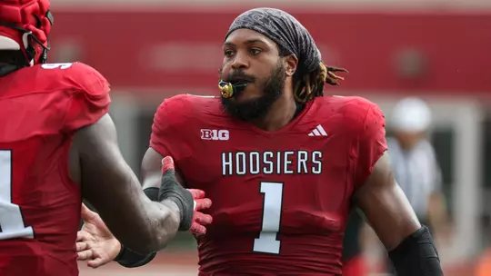 BLOOMINGTON, IN - August 12, 2023 - defensive lineman Andre Carter #1 of the Indiana Hoosiers during fall camp at Memorial Stadium in Bloomington, IN. Photo By Dalton Wainscott/Indiana Athletics