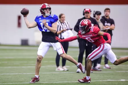BLOOMINGTON, IN - April 01, 2023 - quarterback Broc Lowry #14 of the Indiana Hoosiers during Spring Ball at Memorial Stadium in Bloomington, IN. Photo By Andrew Mascharka/Indiana Athletics