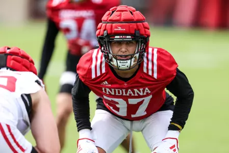 BLOOMINGTON, IN - August 02, 2023 - outside linebacker Jackson Schott #37 of the Indiana Hoosiers during Fall Camp at John Mellencamp Pavillion in Bloomington, IN. Photo By Andrew Mascharka/Indiana Athletics