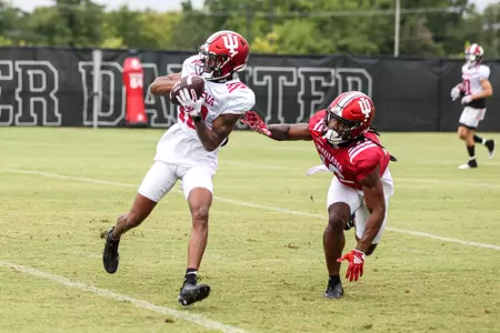 BLOOMINGTON, IN - August 07, 2023 - wide receiver Derin McCulley #10 of the Indiana Hoosiers during Fall Camp at John Mellencamp Pavillion in Bloomington, IN. Photo By Andrew Mascharka/Indiana Athletics