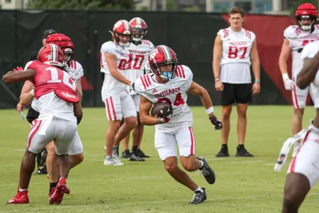 BLOOMINGTON, IN - August 10, 2023 - wide receiver Jackson Wasserstrom #24 of the Indiana Hoosiers during Fall Camp Day 7 at Memorial Stadium in Bloomington, IN. Photo By Dalton Wainscott/Indiana Athletics