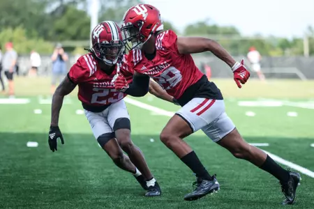 BLOOMINGTON, IN - August 11, 2023 - defensive back Jordan Shaw #23 of the Indiana Hoosiers and defensive back Jaz Boykin #28 during Fall Camp at John Mellencamp Pavillion in Bloomington, IN. Photo By Gretta Cohoon/Indiana Athletics