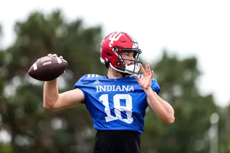 BLOOMINGTON, IN - August 14, 2023 - quarterback Blaze McKibbin #18 of the Indiana Hoosiers during Fall Camp at John Mellencamp Pavillion in Bloomington, IN. Photo By Andrew Mascharka/Indiana Athletics