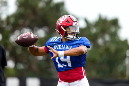 BLOOMINGTON, IN - August 14, 2023 - quarterback Roman Purcell #19 of the Indiana Hoosiers during Fall Camp at John Mellencamp Pavillion in Bloomington, IN. Photo By Andrew Mascharka/Indiana Athletics
