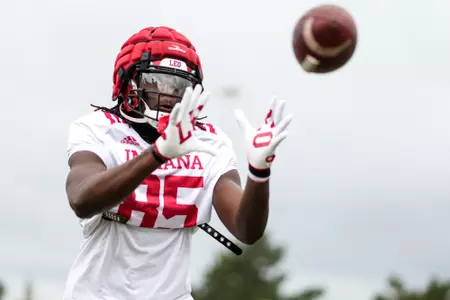 BLOOMINGTON, IN - August 15, 2023 - tight end Anthony Miller Jr. #85 of the Indiana Hoosiers during Fall Camp at John Mellencamp Pavillion in Bloomington, IN. Photo By Andrew Mascharka/Indiana Athletics