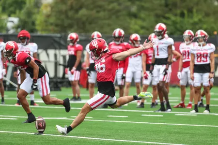 BLOOMINGTON, IN - August 15, 2023 - punter Alejandro Quintero #96 of the Indiana Hoosiers during Fall Camp Day 11 at Memorial Stadium in Bloomington, IN. Photo By Dalton Wainscott/Indiana Athletics