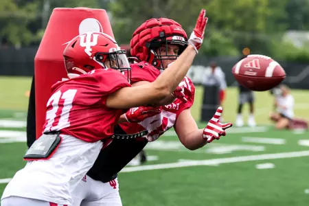 BLOOMINGTON, IN - August 17, 2023 - linebacker Finn Walters #47 of the Indiana Hoosiers during Fall Camp at John Mellencamp Pavillion in Bloomington, IN. Photo By Andrew Mascharka/Indiana Athletics