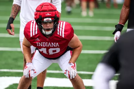 BLOOMINGTON, IN - August 17, 2023 - linebacker Sam Tallen #48 of the Indiana Hoosiers during Fall Camp at John Mellencamp Pavillion in Bloomington, IN. Photo By Andrew Mascharka/Indiana Athletics