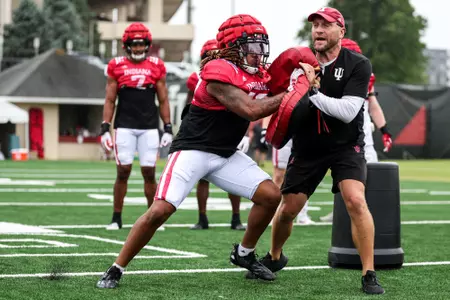 BLOOMINGTON, IN - August 17, 2023 - linebacker Darryl Minor #41 of the Indiana Hoosiers during Fall Camp at John Mellencamp Pavillion in Bloomington, IN. Photo By Andrew Mascharka/Indiana Athletics