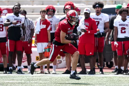 BLOOMINGTON, IN - August 19, 2023 - wide receiver Brady Simmons #81 of the Indiana Hoosiers during Fall Camp at John Mellencamp Pavillion in Bloomington, IN. Photo By Andrew Mascharka/Indiana Athletics