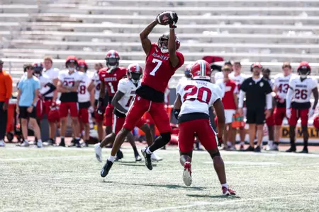 BLOOMINGTON, IN - August 19, 2023 - wide receiver E.J. Williams #7 of the Indiana Hoosiers  during Fall Camp at John Mellencamp Pavillion in Bloomington, IN. Photo By Andrew Mascharka/Indiana Athletics
