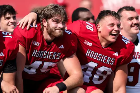 BLOOMINGTON, IN - August 19, 2023 - tight end Trey Walker #45 of the Indiana Hoosiers during Fall Camp at John Mellencamp Pavillion in Bloomington, IN. Photo By Andrew Mascharka/Indiana Athletics