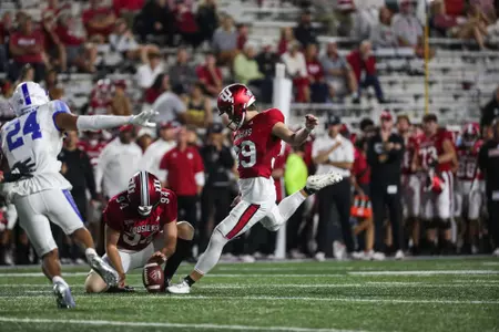 BLOOMINGTON, IN - September 08, 2023 - Kicker Nicolas Radicic #39 of the Indiana Hoosiers during the game between the Indiana State Sycamores and the Indiana Hoosiers at Memorial Stadium in Bloomington, IN. Photo By Dalton Wainscott/Indiana Athletics