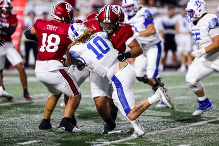 BLOOMINGTON, IN - September 08, 2023 - defensive lineman Race Stewart #64 of the Indiana Hoosiers during the game between the Indiana State Sycamores and the Indiana Hoosiers at Memorial Stadium in Bloomington, IN. Photo By Andrew Mascharka/Indiana Athletics