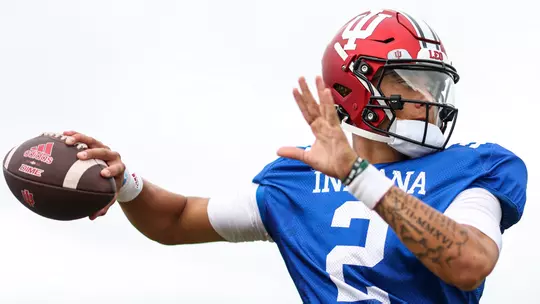 BLOOMINGTON, IN - August 15, 2023 - quarterback Tayven Jackson #2 of the Indiana Hoosiers during Fall Camp at John Mellencamp Pavillion in Bloomington, IN. Photo By Andrew Mascharka/Indiana Athletics