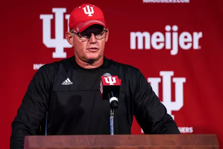 BLOOMINGTON, IN - September 11, 2023 - Indiana Hoosiers Head Coach Tom Allen during press conference at Memorial Stadium in Bloomington, IN. Photo By Andrew Mascharka/Indiana Athletics