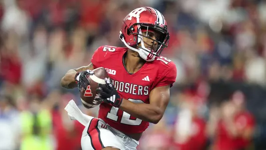 INDIANAPOLIS, IN - September 16, 2023 - running back Jaylin Lucas #12 of the Indiana Hoosiers during the game between the Louisville Cardinals and the Indiana Hoosiers at Lucas Oil Stadium in Indianapolis, IN. Photo By Sammy Nance/Indiana Athletics