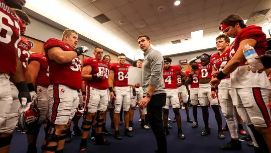INDIANAPOLIS, IN - September 16, 2023 - Indiana Hoosiers Offensive Coordinator and Quarterbacks Coach Walt Bell during the game between the Louisville Cardinals and the Indiana Hoosiers at Lucas Oil Stadium in Indianapolis, IN. Photo By Andrew Mascharka/Indiana Athletics