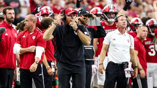 INDIANAPOLIS, IN - September 16, 2023 - Indiana Hoosiers Head Coach Tom Allen during the game between the Louisville Cardinals and the Indiana Hoosiers at Lucas Oil Stadium in Indianapolis, IN. Photo By Andrew Mascharka/Indiana Athletics