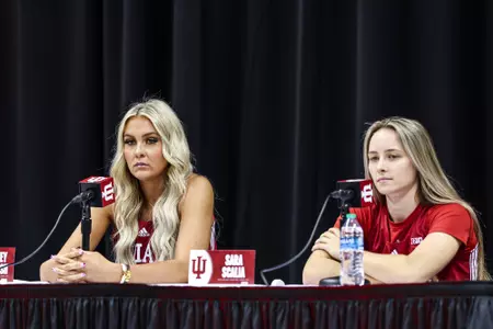 BLOOMINGTON, IN - September 20, 2023 - guard Sydney Parrish #33 of the Indiana Hoosiers and guard Sara Scalia #14 of the Indiana Hoosiers during Basketball Media Day at Simon Skjodt Assembly Hall in Bloomington, IN. Photo By Trent Barnhart/Indiana Athletic