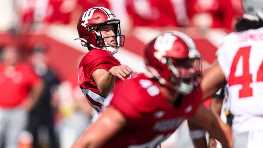 BLOOMINGTON, IN - September 02, 2023 - kicker Chris Freeman #80 of the Indiana Hoosiers during the game between the Ohio State Buckeyes and the Indiana Hoosiers at Memorial Stadium in Bloomington, IN. Photo By Andrew Mascharka/Indiana Athletics
