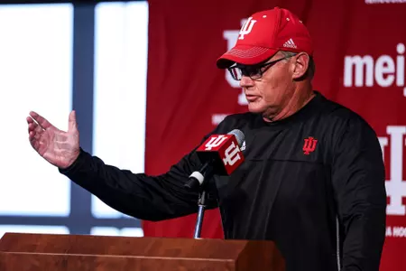 BLOOMINGTON, IN - September 11, 2023 - Indiana Hoosiers Head Coach Tom Allen during press conference at Memorial Stadium in Bloomington, IN. Photo By Andrew Mascharka/Indiana Athletics