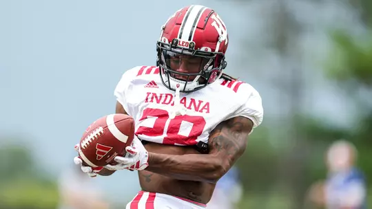 BLOOMINGTON, IN - August 17, 2023 - running back Christian Turner #28 of the Indiana Hoosiers during fall camp day 12 at Memorial Stadium in Bloomington, IN. Photo By Grace Waggoner/Indiana Athletics