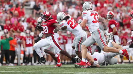 BLOOMINGTON, IN - September 02, 2023 - running back Christian Turner #28 of the Indiana Hoosier during the game between the Ohio State Buckeyes and the Indiana Hoosiers at Memorial Stadium in Bloomington, IN. Photo By Sammy Nance/Indiana Athletics