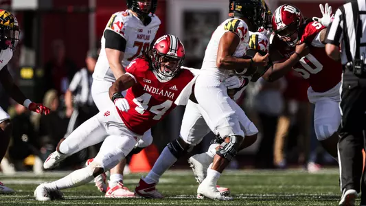 BLOOMINGTON, IN - OCTOBER 15, 2022 - linebacker Aaron Casey #44 of the Indiana Hoosiers during the game against the Maryland Terrapin at Memorial Field in Bloomington, IN. Photo By \CXD#2\