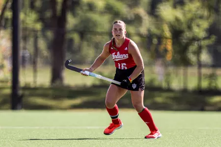 BLOOMINGTON, IN -September 29, 2023- midfield Kennedy Reardon #16 of the Indiana Hoosiers during the game between the Michigan Wolverines and the Indiana Hoosiers at IU Field Hockey Complex in Bloomington, IN. Photo By Grace Waggoner/ IU Athletics
