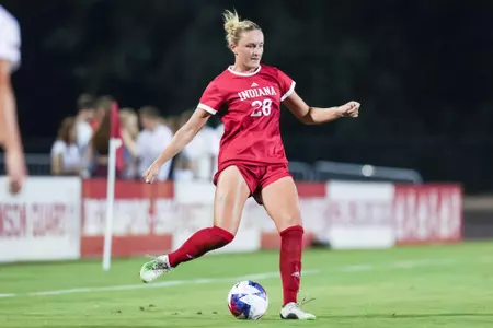 BLOOMINGTON, IN - AUGUST 17, 2023 - defender Lauren Costello #28 of the Indiana Hoosiers during the game between the Illinois State Redbirds and the Indiana Hoosiers at Bill Armstrong Stadium in Bloomington, IN. Photo By Pearson Georges/Indiana Athletics