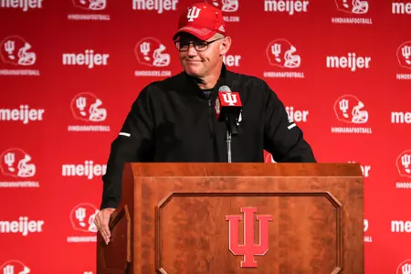 BLOOMINGTON, IN - OCTOBER 11, 2021 - Indiana Hoosiers Head Coach Tom Allen during a weekly press conference at Henke Hall in Bloomington, IN. Photo By Andrew Mascharka/Indiana Athletics