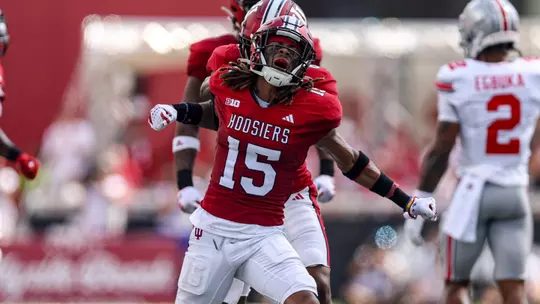 BLOOMINGTON, IN. 09.02.2023. defensive back Nic Toomer # 15 of the Indiana Hoosiers during the game between the Ohio State Buckeyes and the Indiana Hoosiers at Memorial Stadium in Bloomington, IN. Photo by Chris Conaway/Indiana Athletics