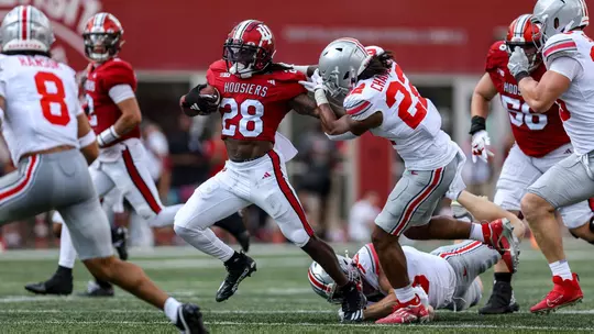 BLOOMINGTON, IN. 09.02.2023. running back Christian Turner #28 of the Indiana Hoosiers during the game between the Ohio State Buckeyes and the Indiana Hoosiers at Memorial Stadium in Bloomington, IN. Photo by Chris Conaway/Indiana Athletics