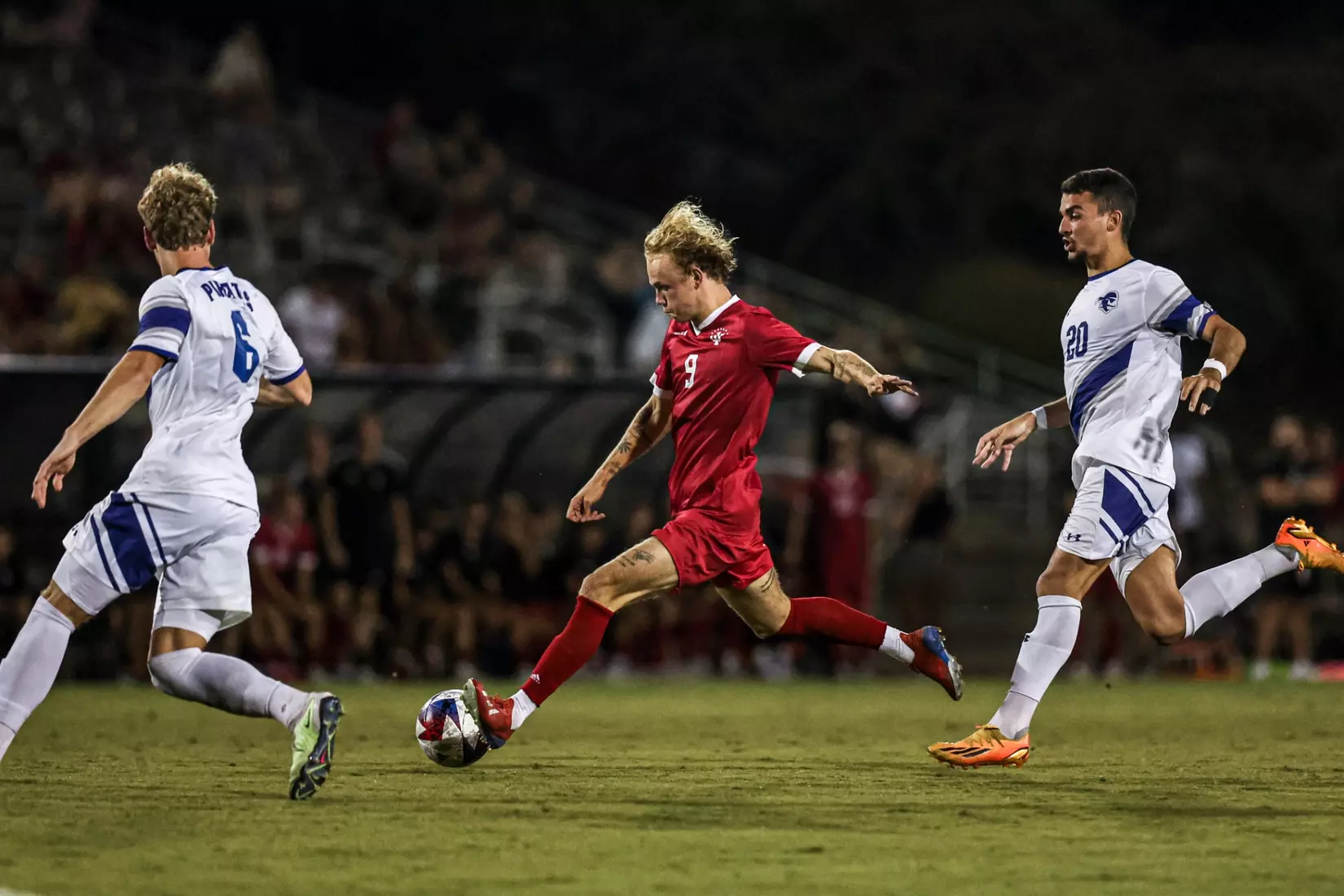 BLOOMINGTON, IN - September 04, 2023 - midfielder Samuel Sarver #9 of the Indiana Hoosiers during the game between the Seton Hall Huskies and the Indiana Hoosiers at Bill Armstrong Stadium in Bloomington, IN. Photo By Grace Waggoner/IU Athletics