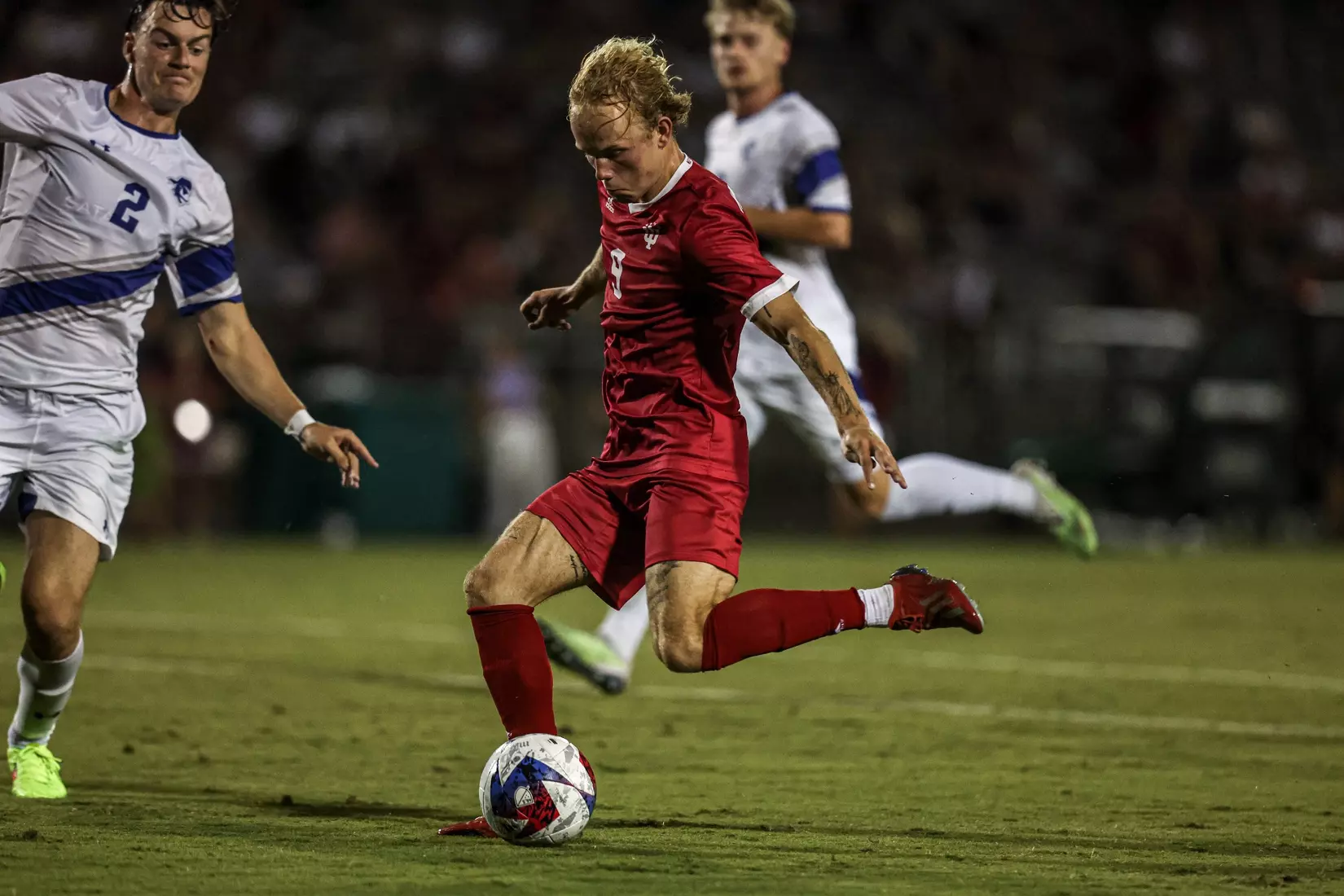 BLOOMINGTON, IN - September 04, 2023 - midfielder Samuel Sarver #9 of the Indiana Hoosiers during the game between the Seton Hall Huskies and the Indiana Hoosiers at Bill Armstrong Stadium in Bloomington, IN. Photo By Grace Waggoner/IU Athletics
