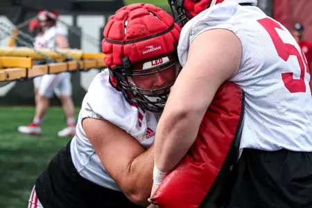 BLOOMINGTON, IN - August 02, 2023 - offensive linemen Jack Greer #54 of the Indiana Hoosiers  during Fall Camp at John Mellencamp Pavillion in Bloomington, IN. Photo By Lauren Mervar/Indiana Athletics